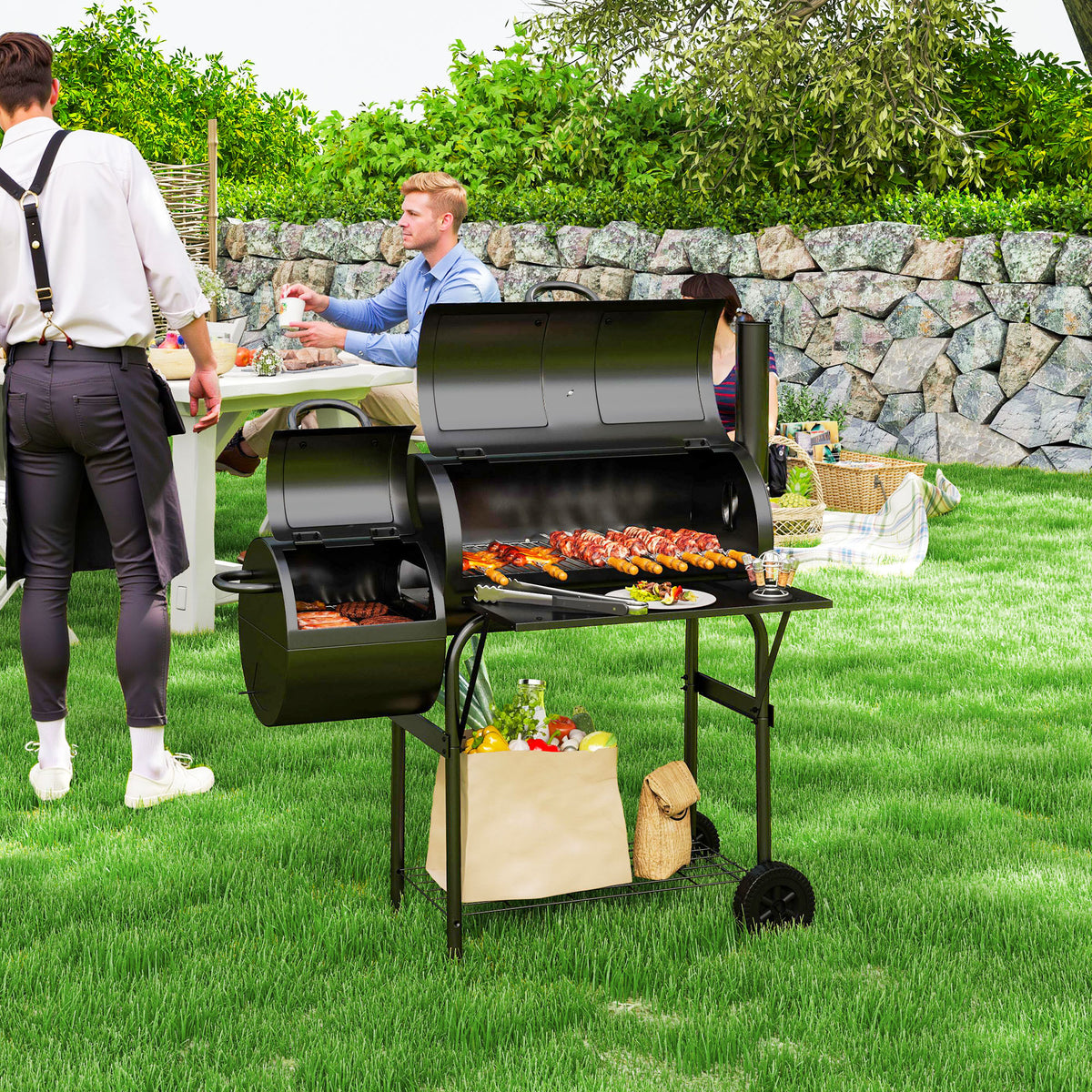 Barbecue Grill Portable Outdoor Charcoal BBQ Grill with Offset Smoker 109 x 60 x 120 cm Black
