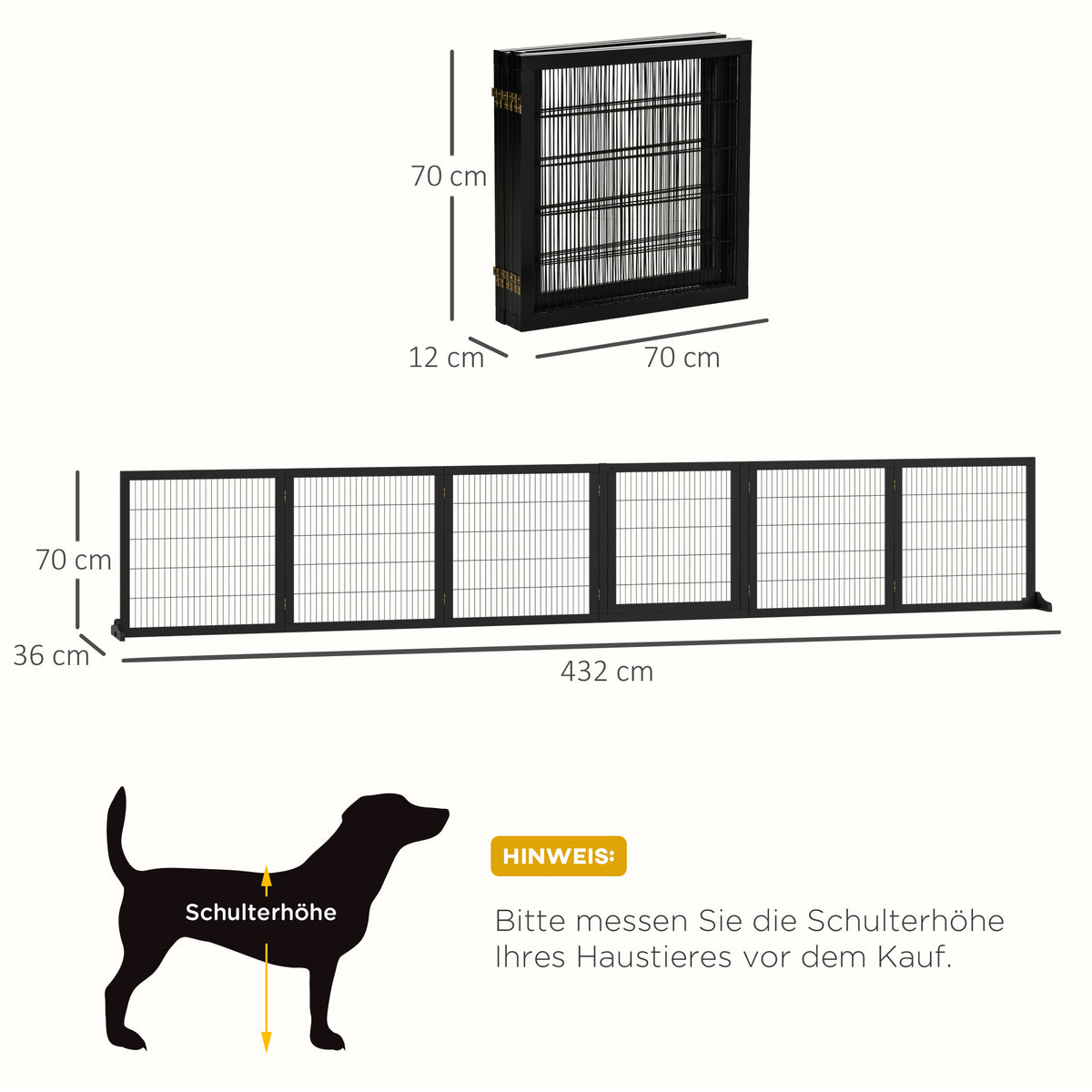Wooden Pet Gate, Freestanding Dog Security Barrier with Two Support Feet - Black