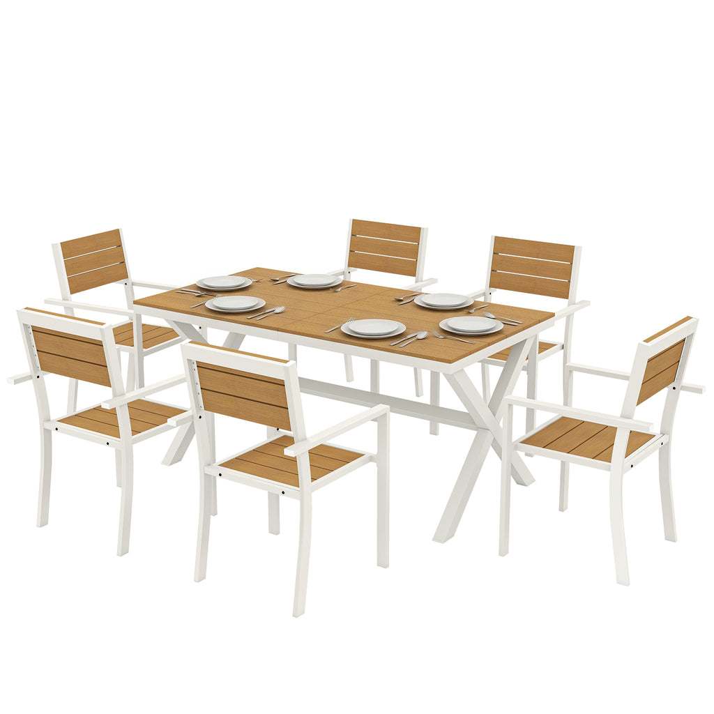 Gartenmöbel Set Sitzgruppe 7-teilig Tisch mit 6 stapelbare Stühlen Holzoptik Aluminiumrahmen Teak