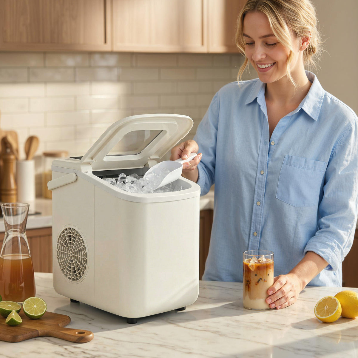 Tragbare Eiswürfelmaschine mit Selbstreinigung, Eisschaufel & Korb, 12 kg/24 Std., Beige