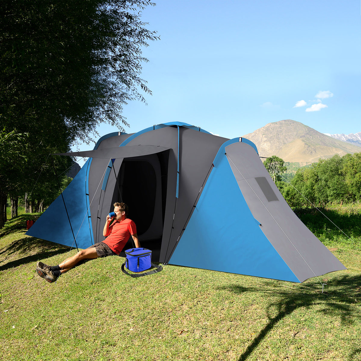 Large Camping Tent Tunnel Tent with 2 Bedroom and Living Area, 2000mm Waterproof, Portable with Bag for 4 Man, Blue