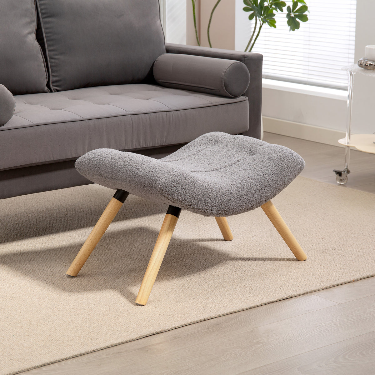 Moderner Fu?hocker mit Fleece-Bezug und Holzbeinen, gepolstert, f¨¹r Wohnzimmer, Schlafzimmer, Flur, Hellgrau