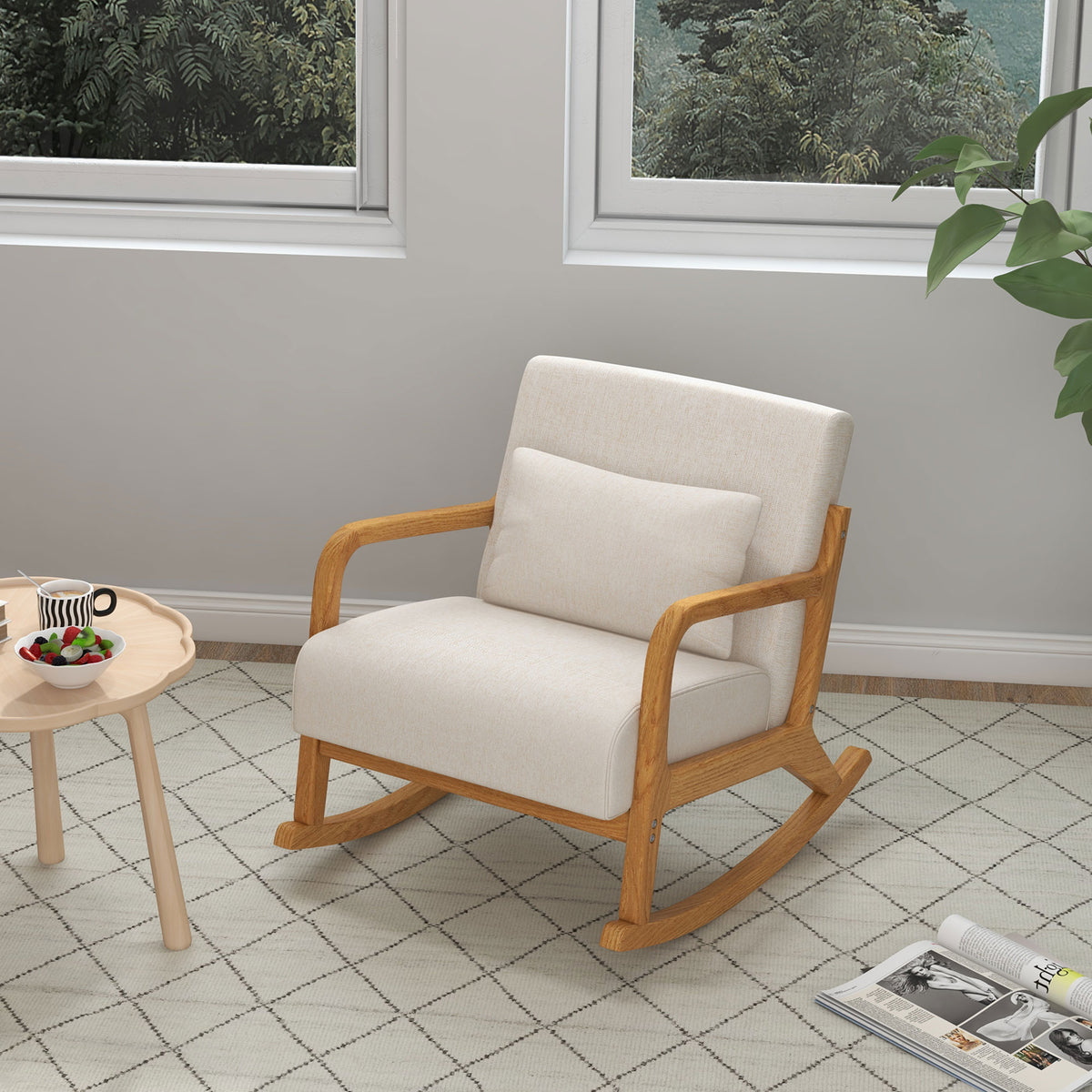 Schaukelstuhl im Retrodesign, Gummibaumholz, 64,5 cm x 92 cm x 81, 5 cm, Beige + Braun