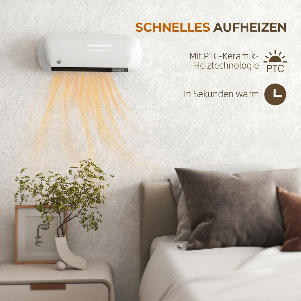 Wand Heizlüfter 2000W Keramik Wandheizgerät mit Ventilator, 2 Leistungsstufen, LED-Display, Thermostat, Weiß