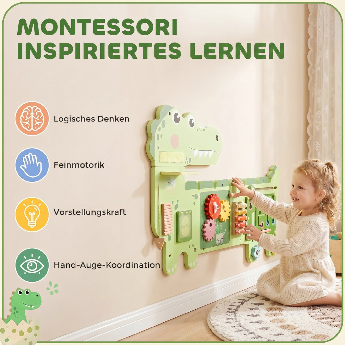 Busy Board Panels, Wall Mounted Montessori Inspired Busy Board, Toddler Learning Centre Dinosaur Theme, Green