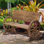 Fir Wood 2-Seater Outdoor Garden Wagon Wheel Bench, Carbonized Brown