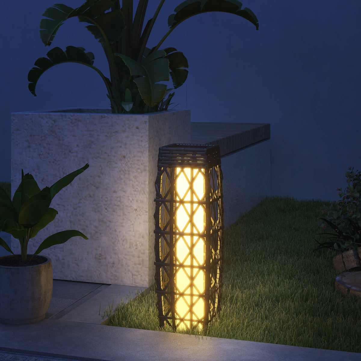 Rattan Außenleuchte, Solar Gartenlampe, Einschaltautomatik, LED, wetterfest, Metallrahmen, 20 x 20 x 68cm, Grau