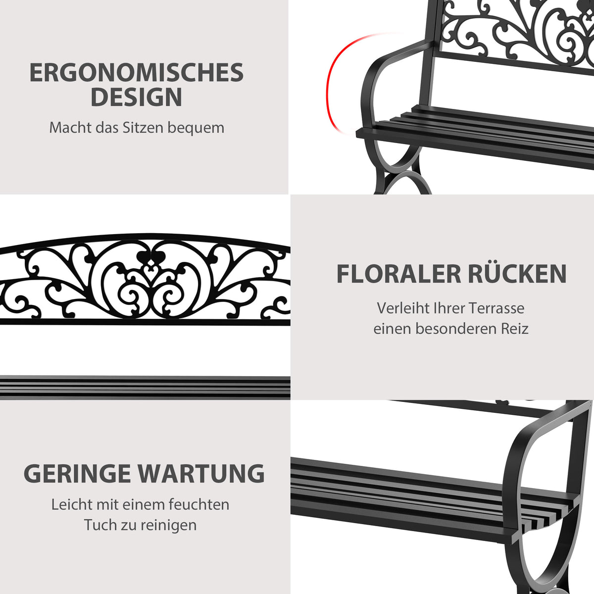 127L x 60W x 85H cm Powder Coated Garden Bench for Patio Backyard, Steel-Black