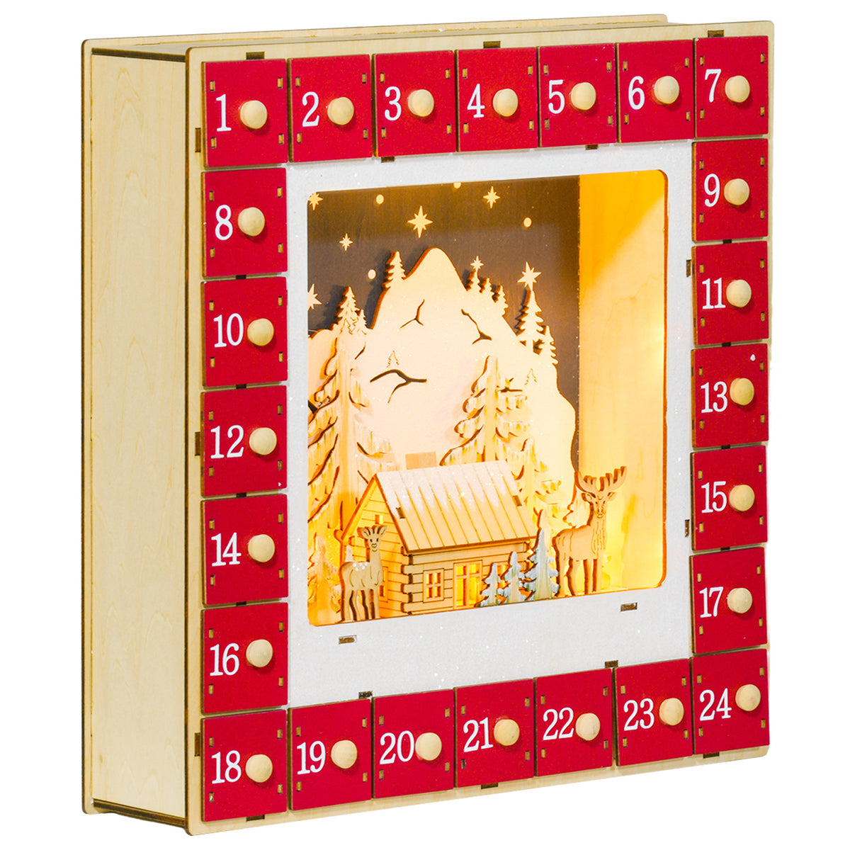 LED Adventskalender mit Dorfszene, 24 große Schubladen, MDF, 34 x 7 x 34 cm, Rot