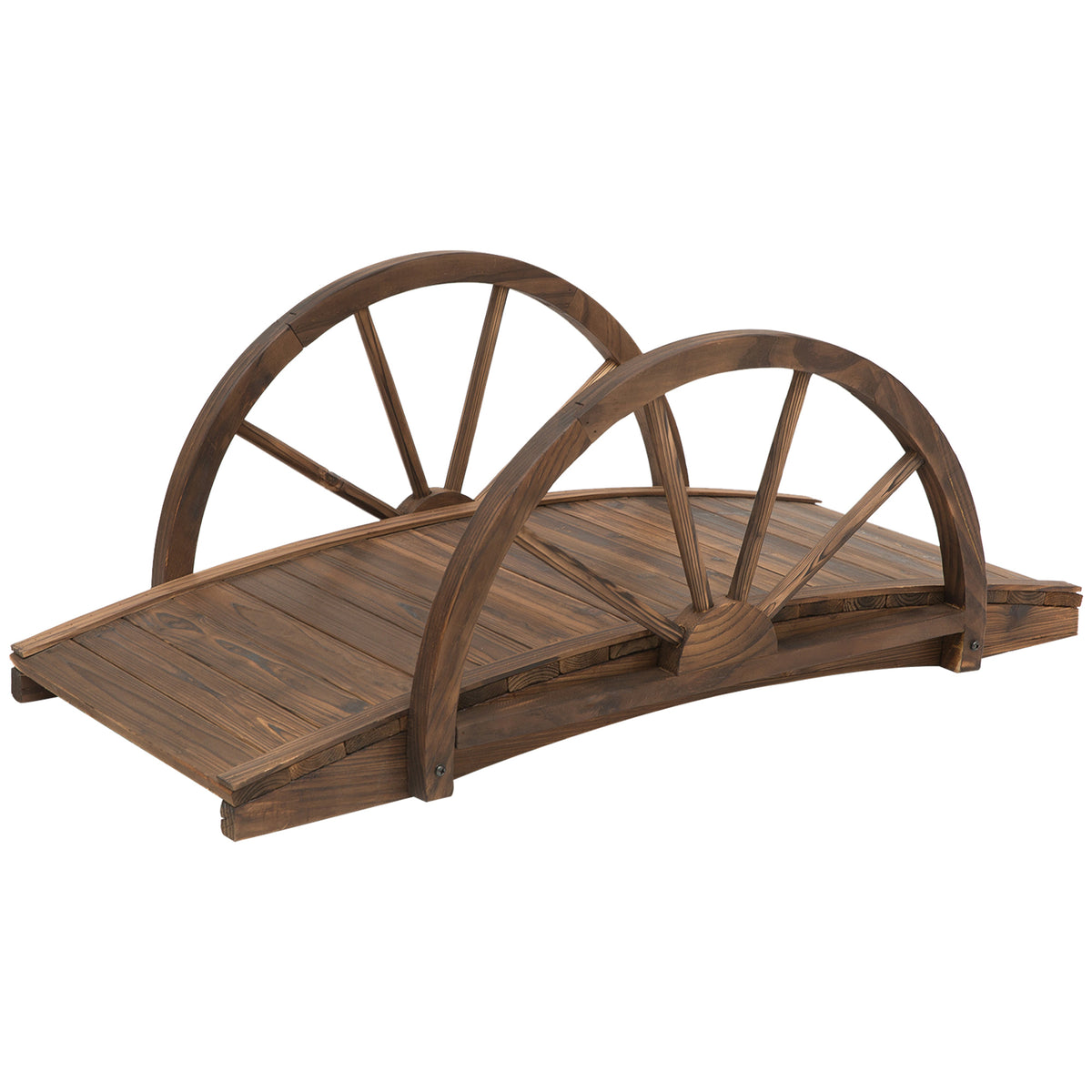 Gartenbrücke aus Tannenholz, Holzbrücke mit Rad Design, Teichbrücke bis 150 kg belastbar 100 x 50 x 37 cm Verkohlt