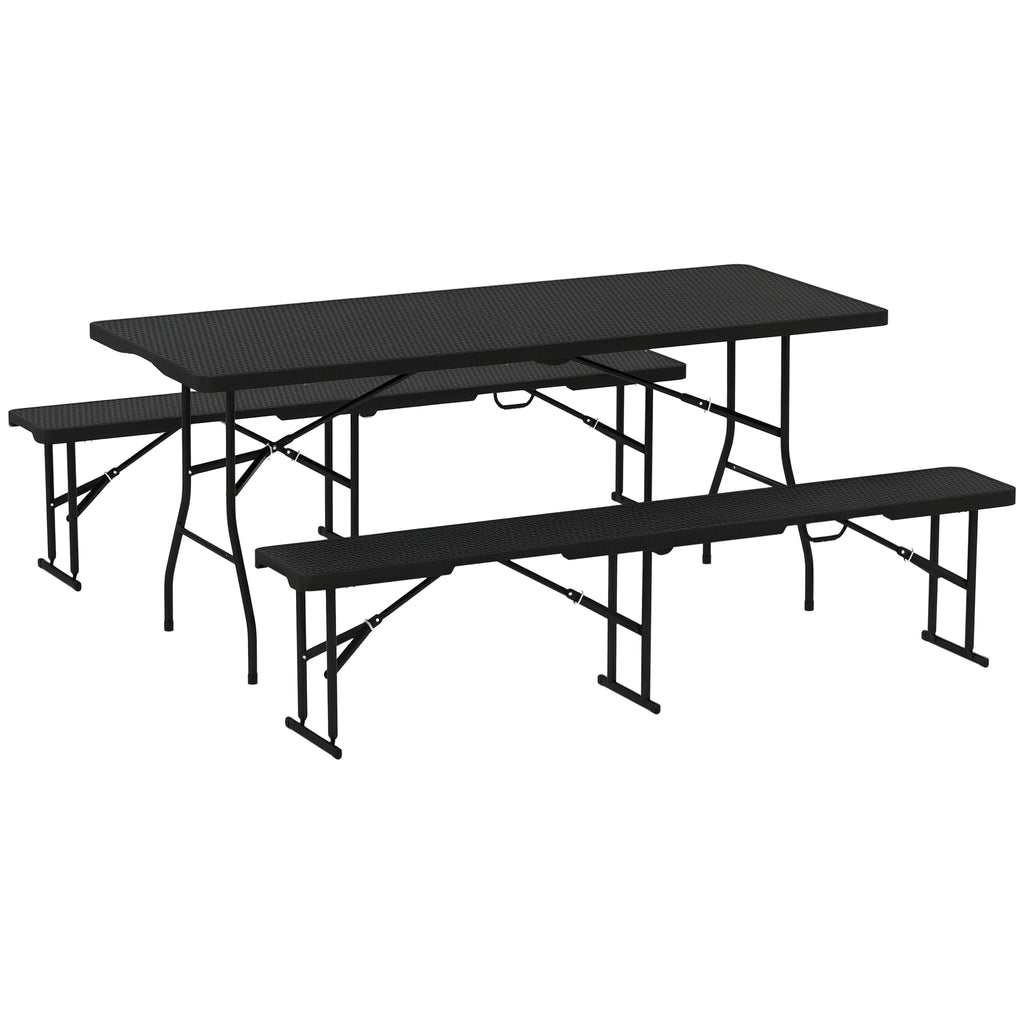 Picknicktisch und Bänke, 3-teiliges Set, faltbar, Kunststoff, Metall, Schwarz