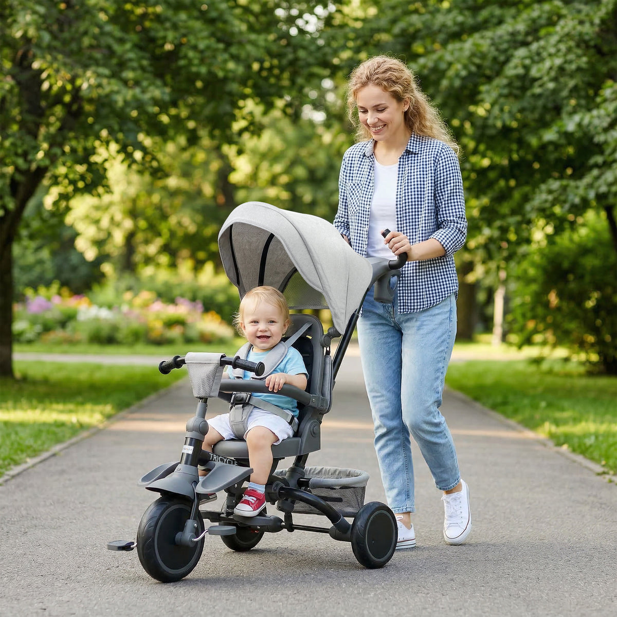 6 in 1 Foldable Kids Trike with Adjustable Parent Handle & Canopy for Ages 1-5, Grey