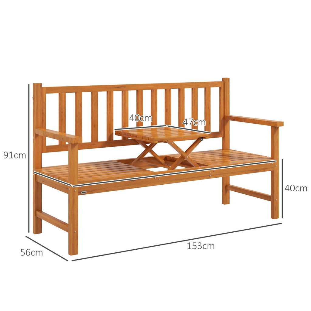 Wooden Bench with Liftable Middle Table, Outdoor Bench, Patio Loveseat for Porch, Garden, Seats 2-3 People