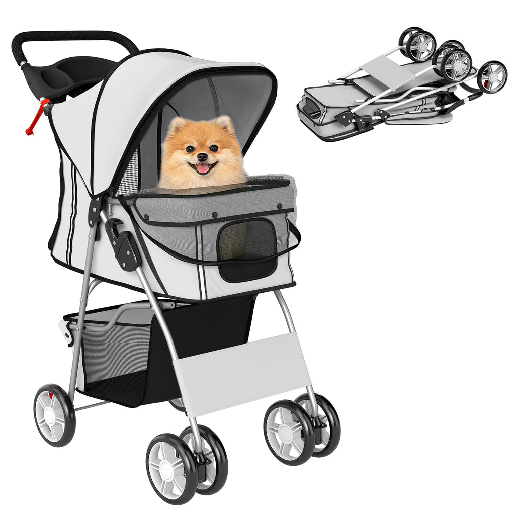 Dog Pram, Pet Stroller with Reflective Strips, Foldable Cat Stroller with 360° Swivel Wheels, Grey