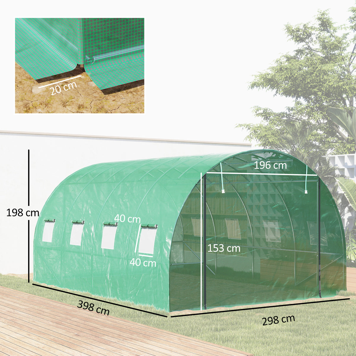 Polytunnel Gewächshaus mit Kunststoff-Abdeckung und Stahlrahmen, begehbares Gewächshauszelt mit Rolltüren, Grün