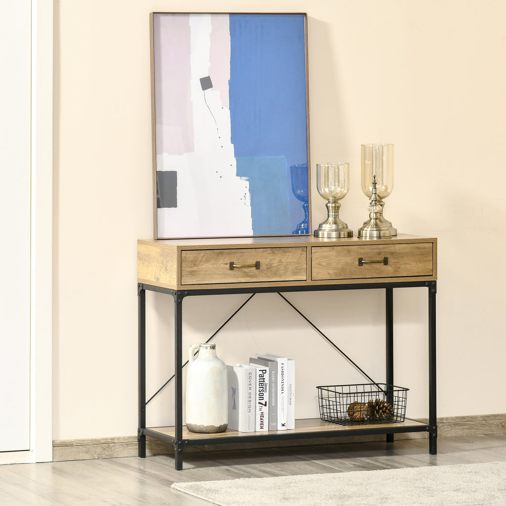 Konsolentisch Flurtisch mit Ablage und 2 Schubladen, 100 x 35 x 76,5 cm Beistelltisch Sofatisch Ausstellungstisch für Kleinen Raum, Eingang, Flur, Wohnzimmer Braun+Schwarz