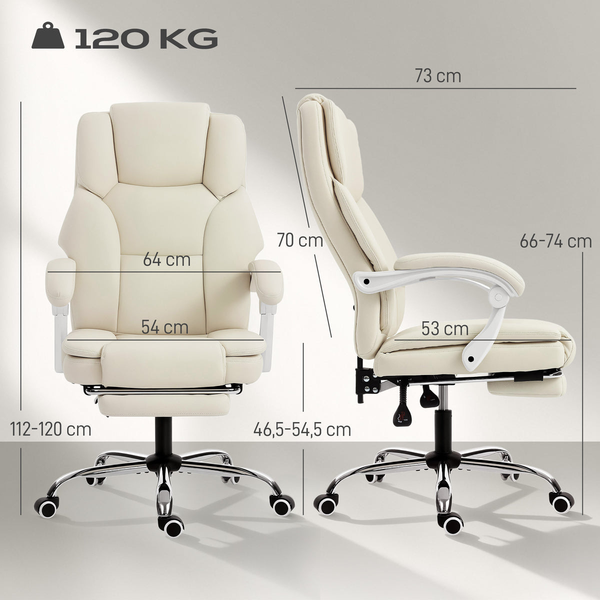 Bürostuhl mit Liegefunktion, Schreibtischstuhl, höhenverstellbar Drehstuhl mit Fußstütze, 64 x 73 x 120 cm, Beige