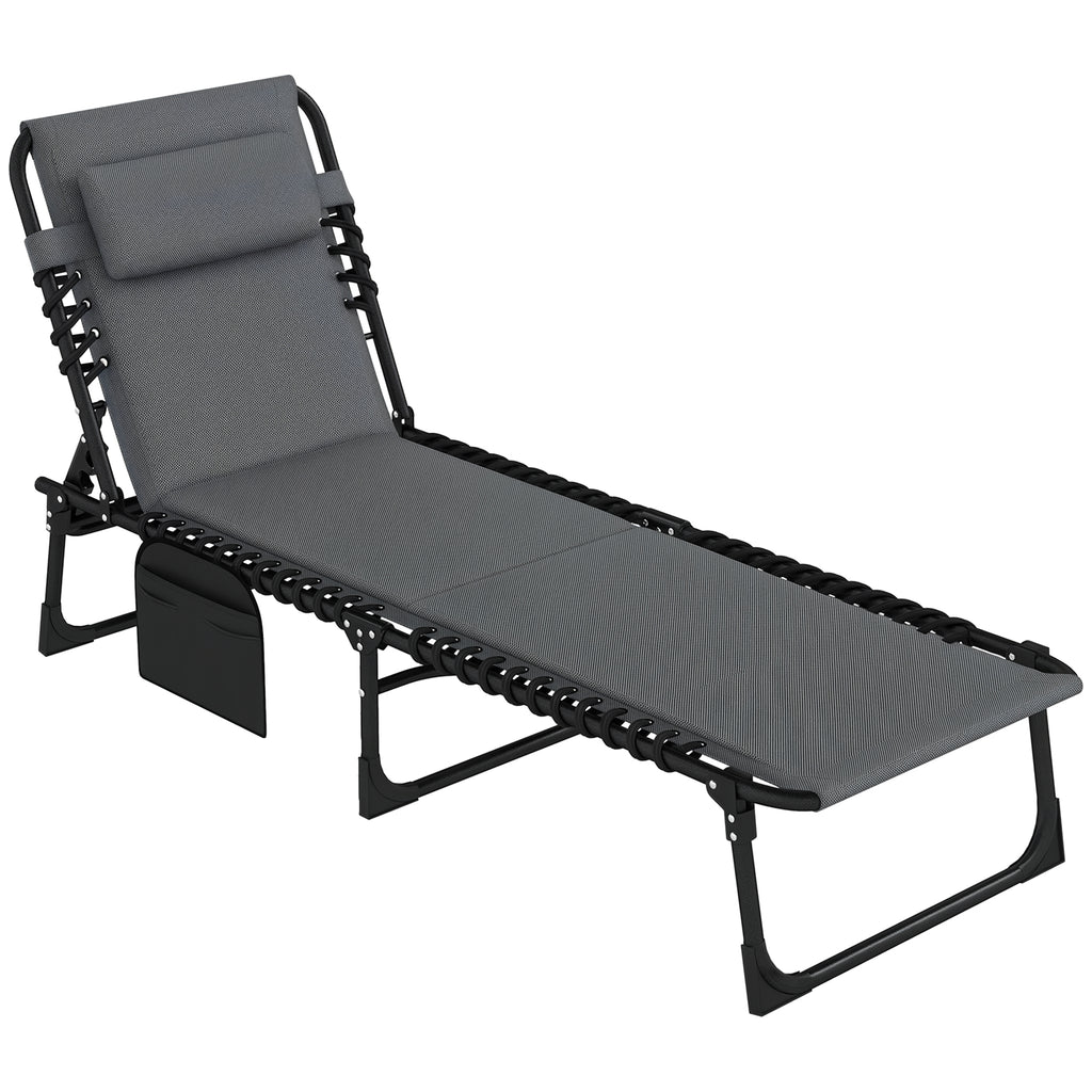 Liegestuhl, Sonnenliege mit Polsterung und Seitentasche, Gartenliege, Pool-Liege, Polsterliege, Grau