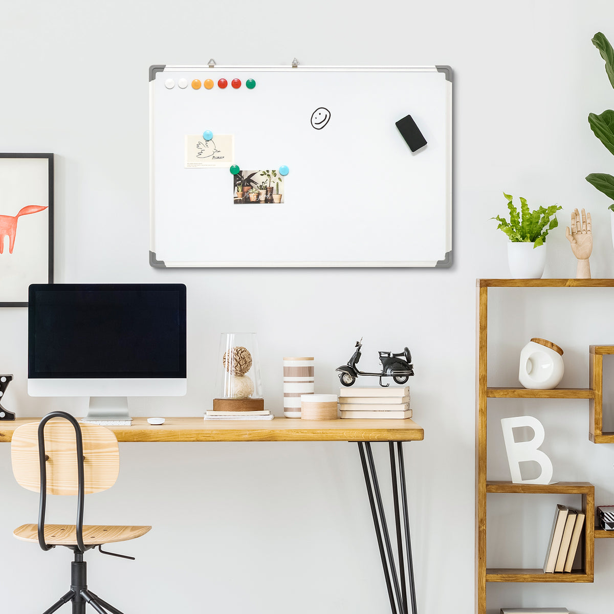 Whiteboard, Magnettafel, Notiztafel, inklusive Zubehör, 4 Stifte, 1 Schwamm, 10 Magnete, Weiß + Silber