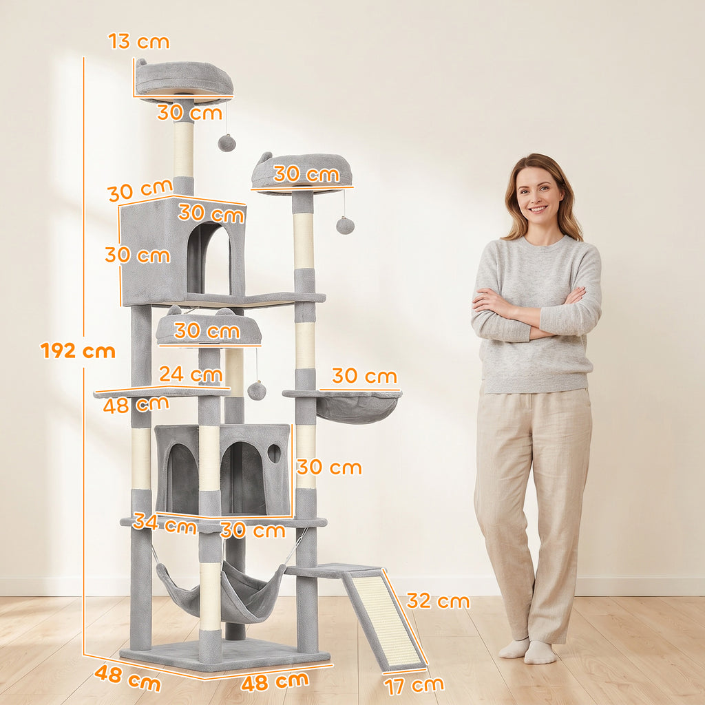 Cat Tree, 192 cm Large Multi-Level Cat Tower for Indoor Kittens with 8 Scratching Posts, 3 Plush Beds, 2 Hammocks