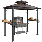 2.5 x 1.5 m Hardtop Grill Gazebo with Double Roof, Aluminium Outdoor BBQ Gazebo Shelter with 2 Side Shelves, Brown