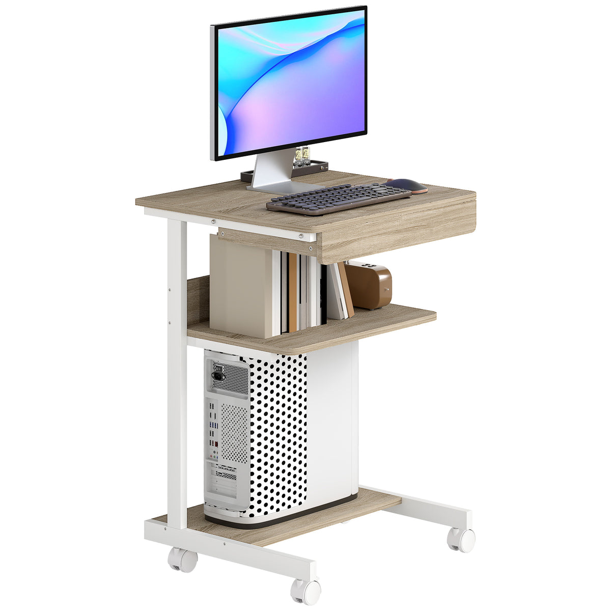 Rolling Desk with Drawer and Shelves, 4 Wheels, Compact, Particle Board, Metal