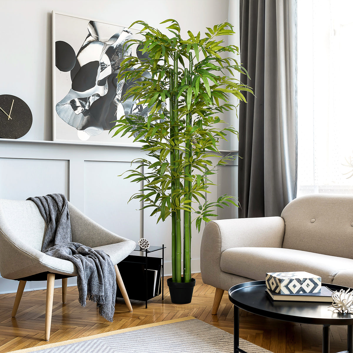 Kunstbambus, realistisches Aussehen, mit Blumentopf, für Indoor, 180 cm, Grün/Schwarz