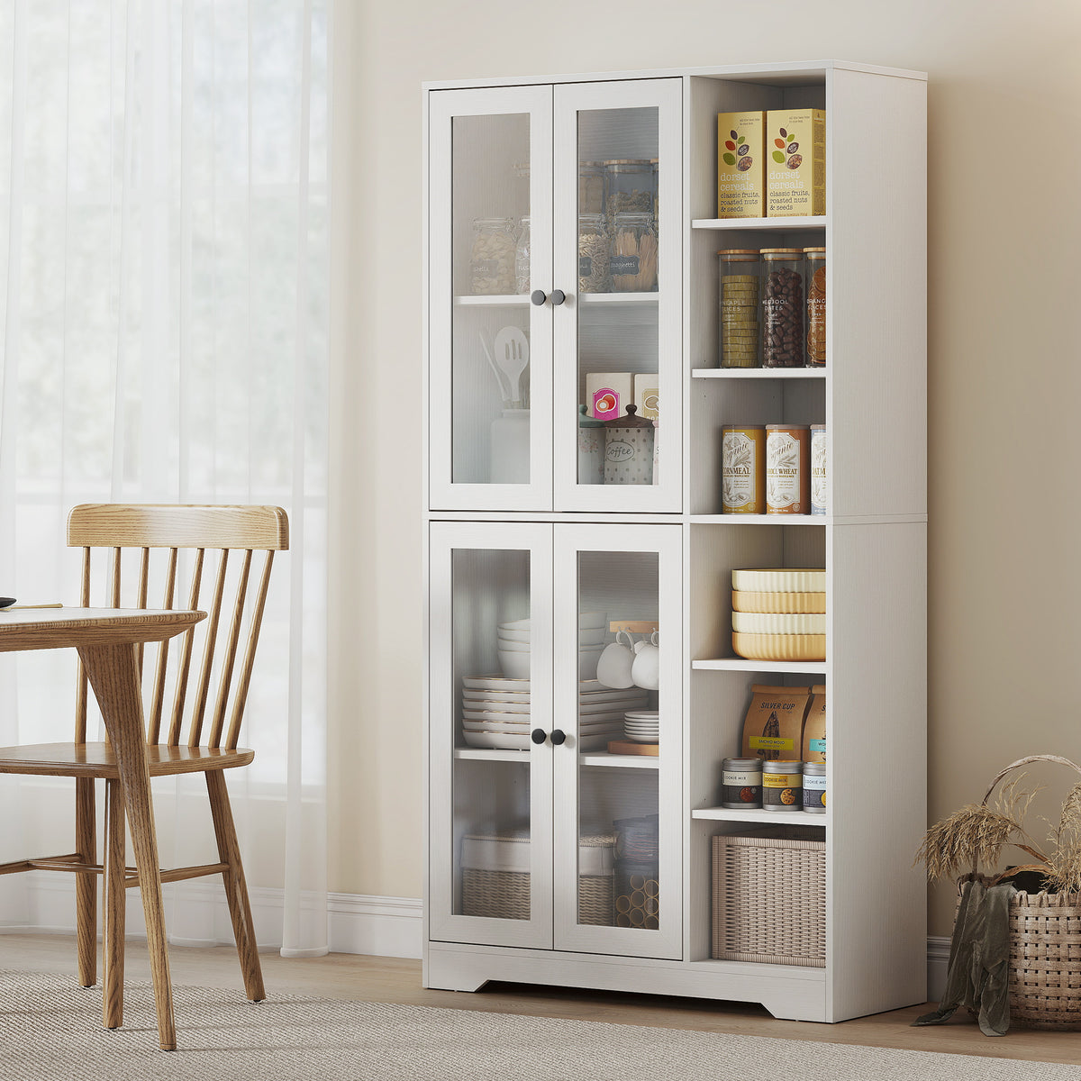 K¨¹chenschrank mit Glast¨¹ren, Regale, offene Ablagen, 172 cm gro?, MDF, Wei?