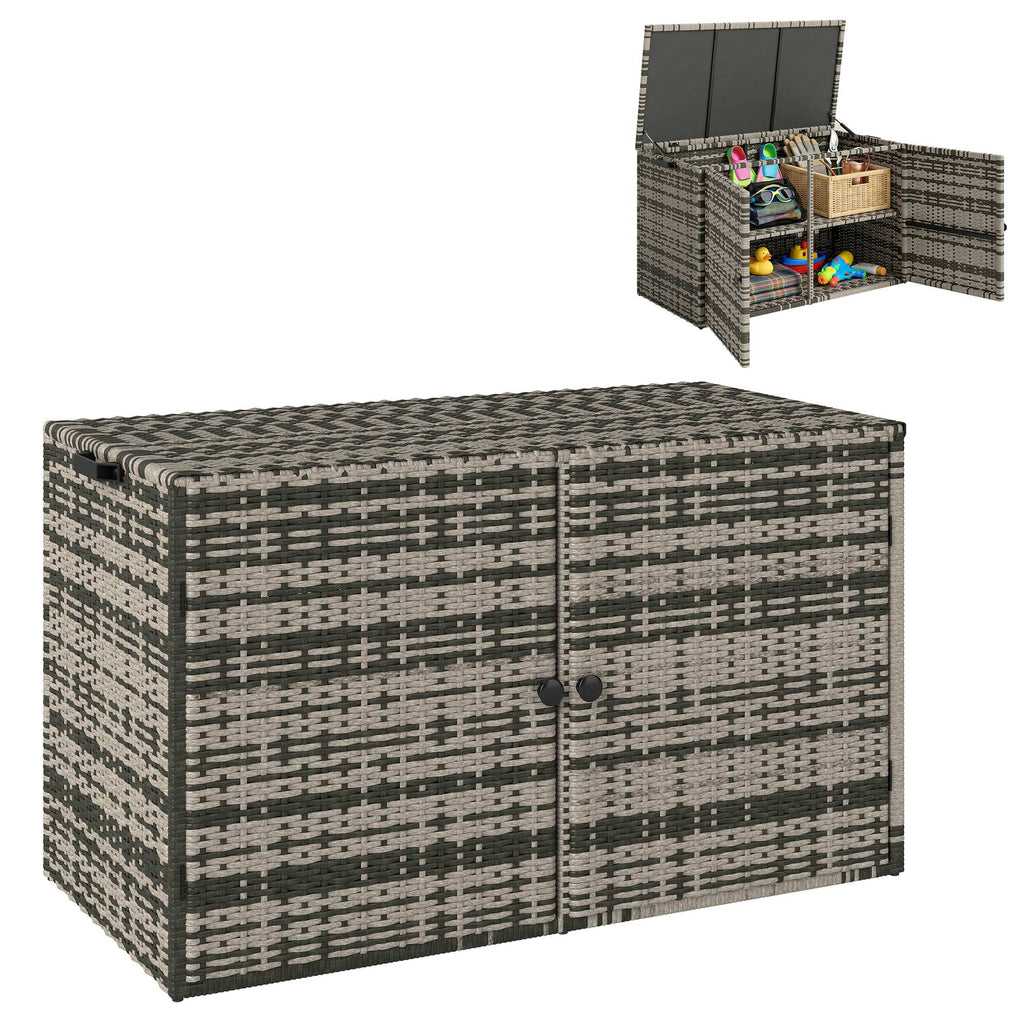 Rattan Auflagenbox 350L 2-Ebenne Kissenbox mit Deckel Hebestangen Tragegriffe 118 x 57 x 69 cm Mischgrau