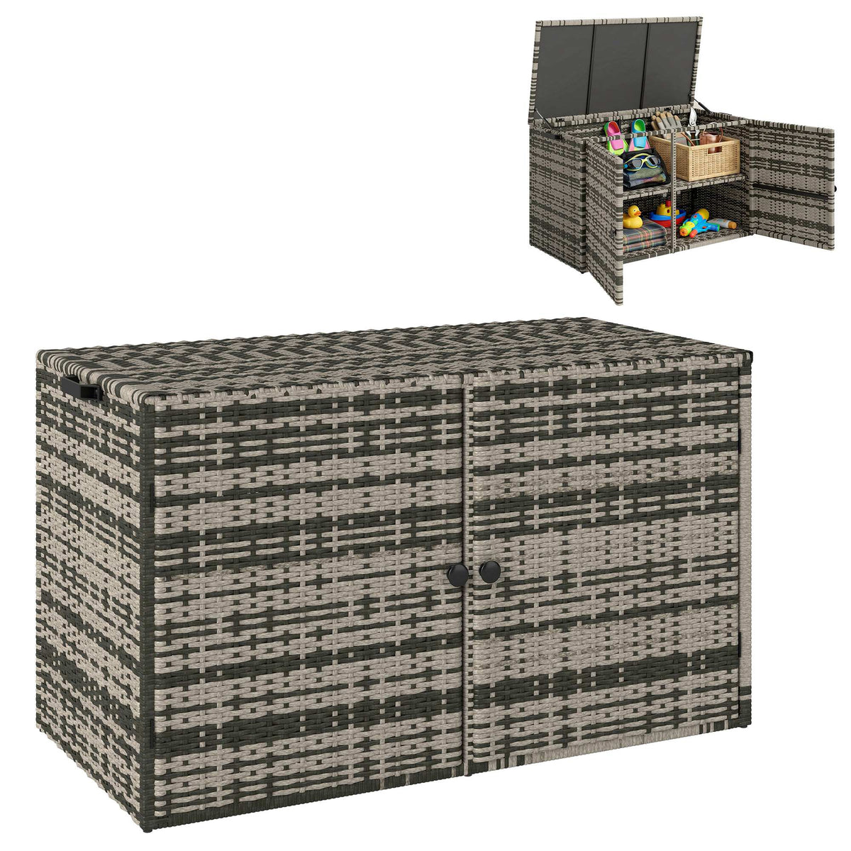 Rattan Auflagenbox 350L 2-Ebenne Kissenbox mit Deckel Hebestangen Tragegriffe 118 x 57 x 69 cm Mischgrau