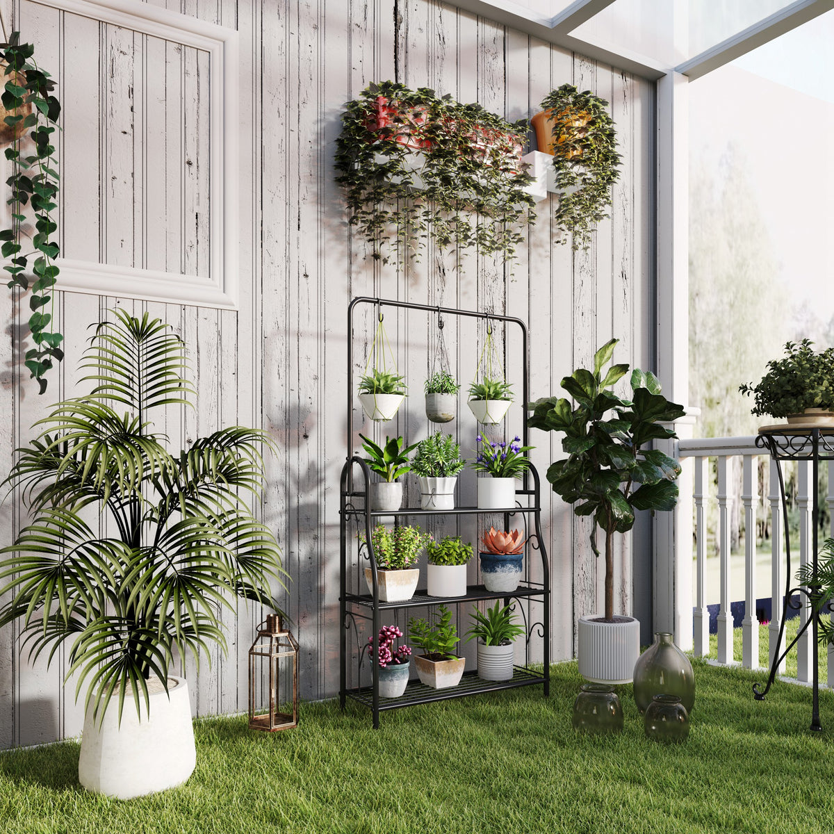 Blumenregal, 3-stufiges Pflanzenregal mit H?ngehaken, Metallregal f¨¹r Blument?pfe, Indoor- und Outdoor-tauglich, Schwarz