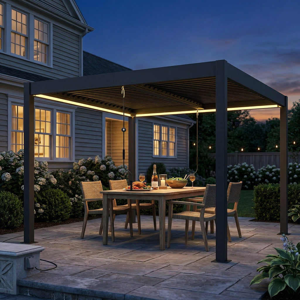 Pergola 3x3 m Aluminium Terrassenüberdachung mit LED-Beleuchtung Fernbedienung verstellbar Lamellendach