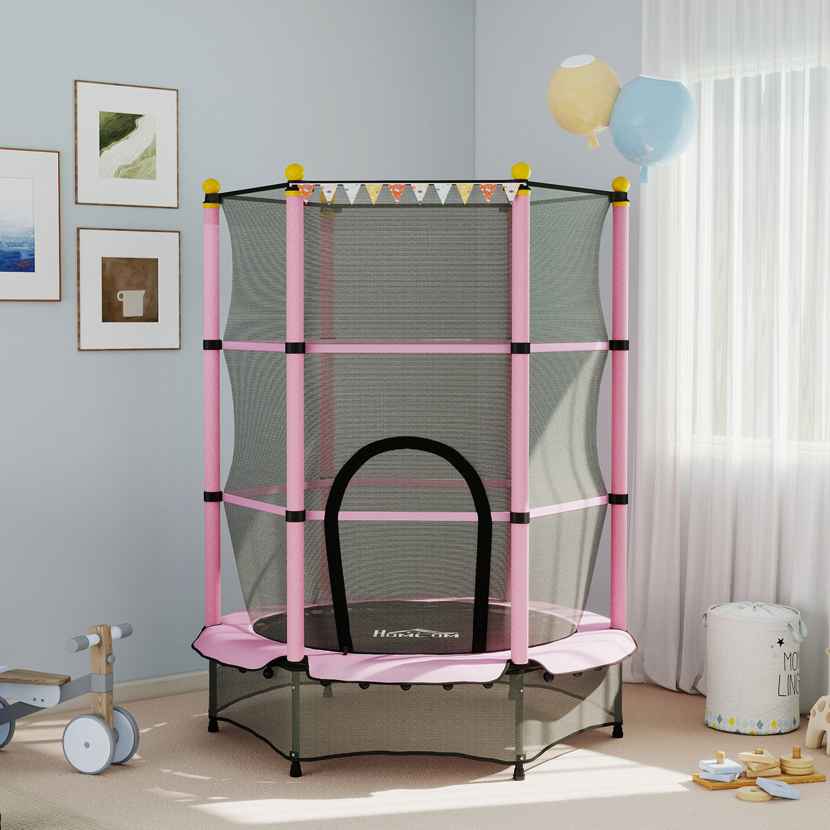 4.6FT/55" Kids Trampoline with Enclosure Net, Outdoor Indoor Use, for Ages 3-10 Years, Pink