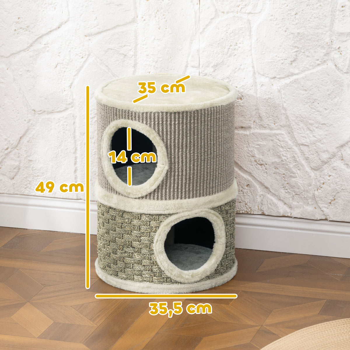 Kratztonne, 49 cm hoch, Ø35,5 cm zweistöckige Katzentonne mit Plüschrand Kratzmatte, 2 Höhle Khaki+Kaffee