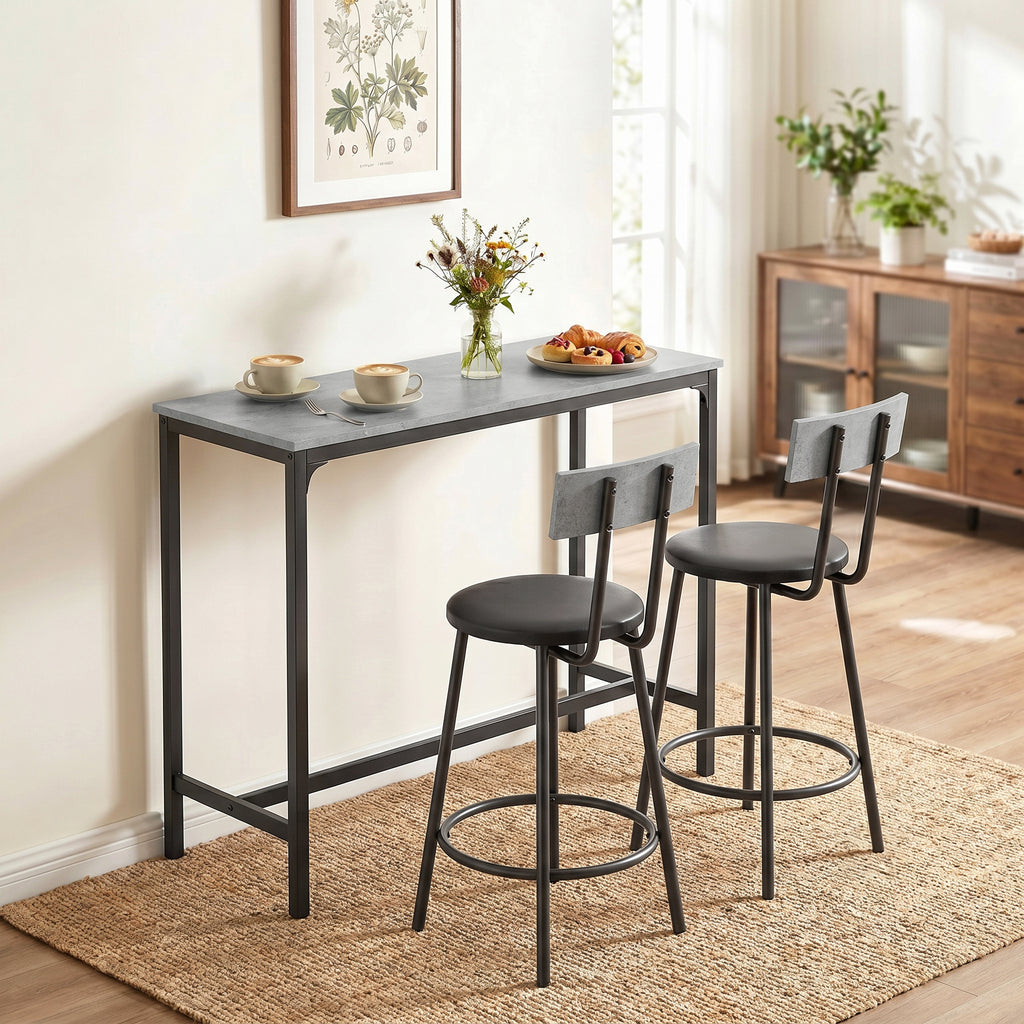 Bartisch mit Barhocker Set Tresentisch mit 2 gepolsterten Hockern mit Fußstütze für Esszimmer, kleinen Raum, Grau
