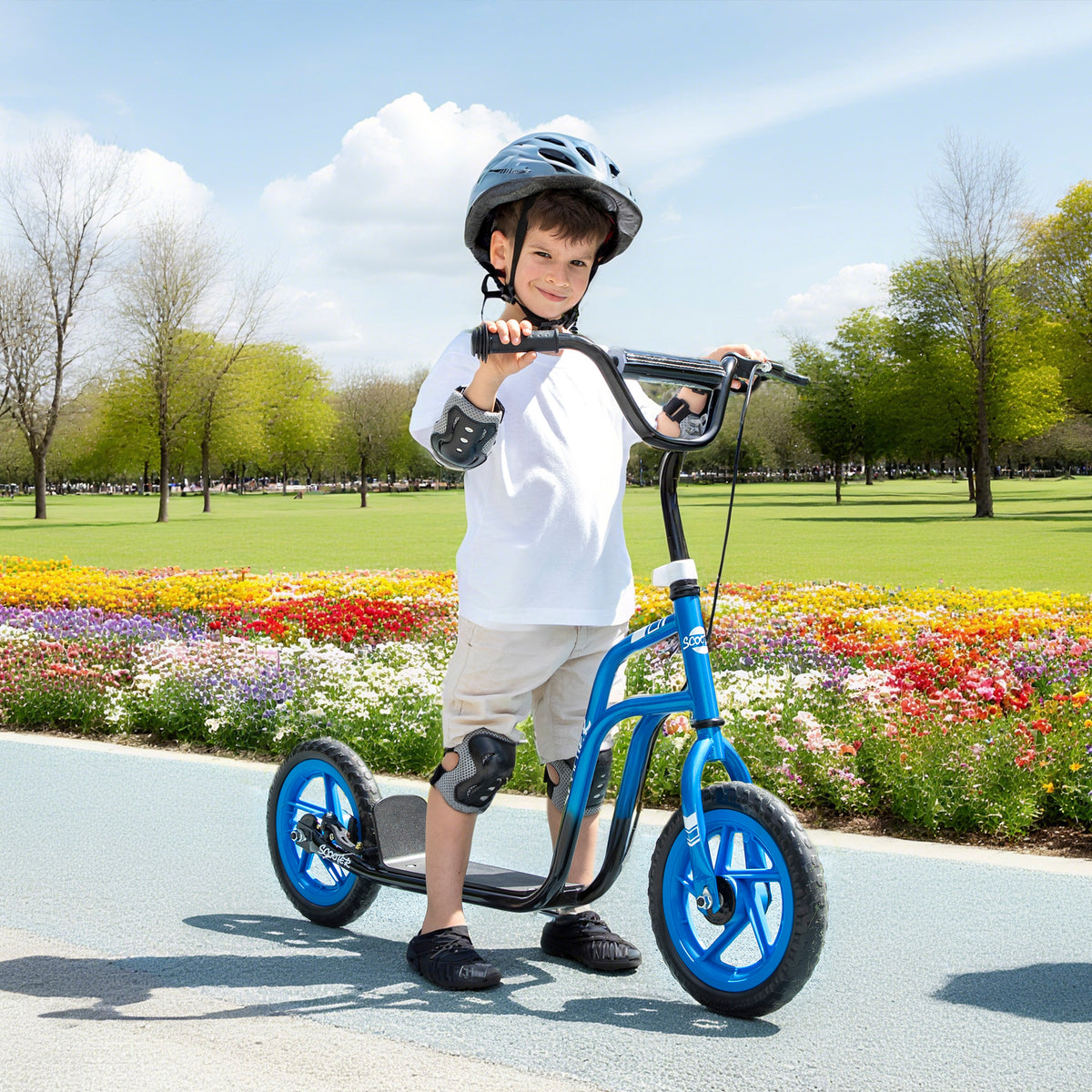 Kinderroller mit verstellbarem Lenker, große Räder, Parkständer, Handbremse, für Kinder im Alter von 5-12 Jahren, Blau