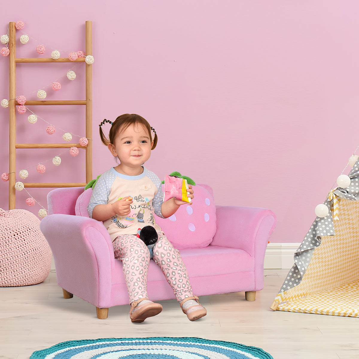 Kindersessel Kindersofa mit Korallenvlies-Optik, massiven Holzfüßen Sessel aus Schaumstoff Kinderstuhl für Kinderzimmer, Spielzimmer, 90 x 53 x 48cm, Rosa