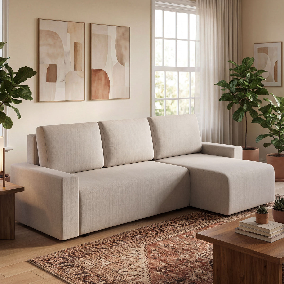 Ecksofa mit Schlaffunktion und umkehrbarer Chaiselongue, L-förmiges 3-Sitzer Sofa aus Veloursbezug, Beige