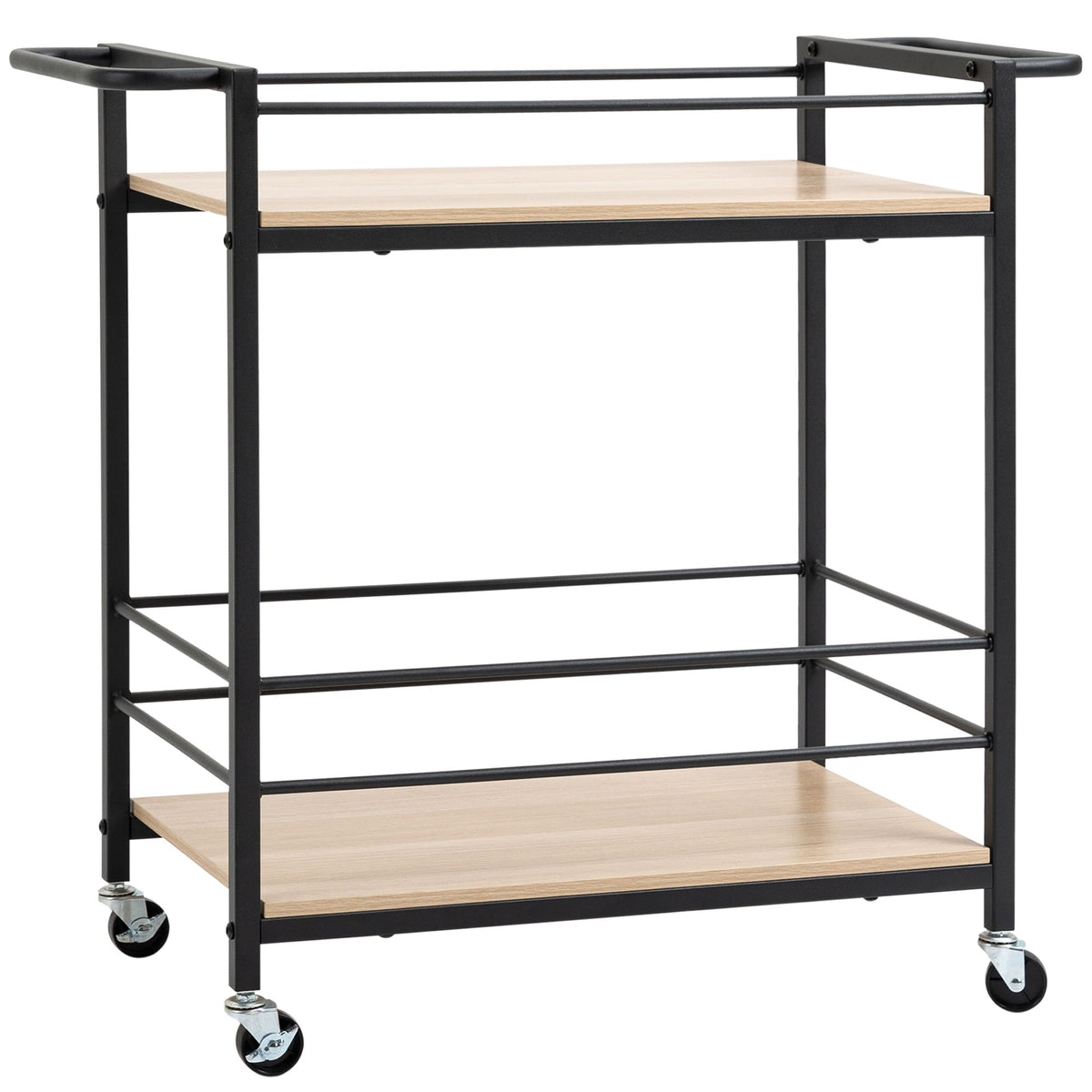 K¨¹chenwagen Servierwagen mit 2 Ablagen, Reling, Stahl, Schwarz+Holz 82 x 40 x 75cm