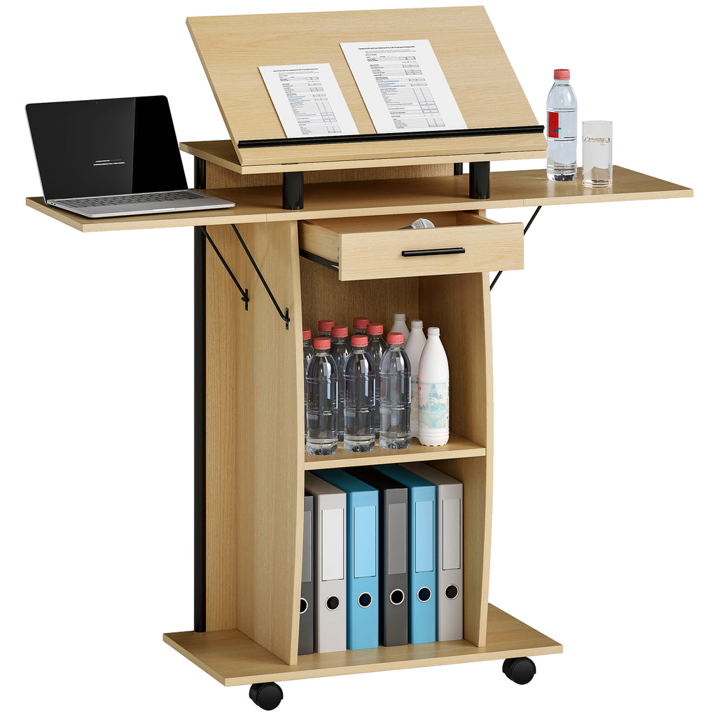 Rolling Podium Stand, Lectern with Folding Side Wings, Laptop Table with Drawer and Shelves, Oak Look