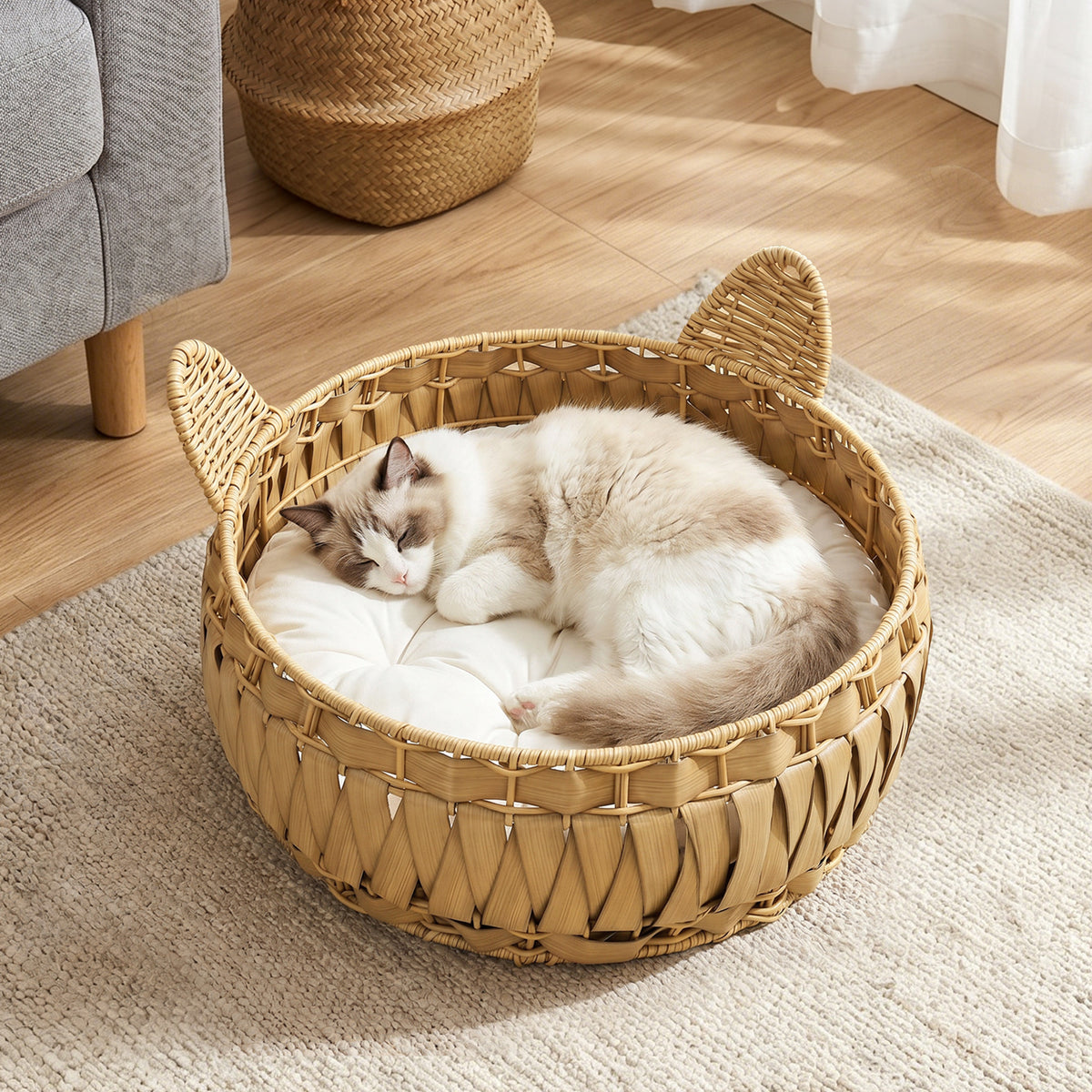 Katzenbett Rattan Katzenhöhle mit abnehmbares Kissen, Katzenkorb für Katzen bis 10 kg, 50 x 50 x 25 cm, Hellbraun