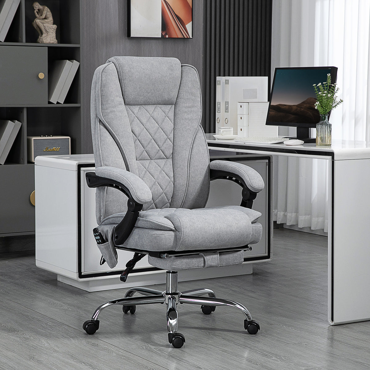 Ergonomischer B¨¹rostuhl mit Massagefunktion, Fu?st¨¹tze, drehbar, rollbar, Grau
