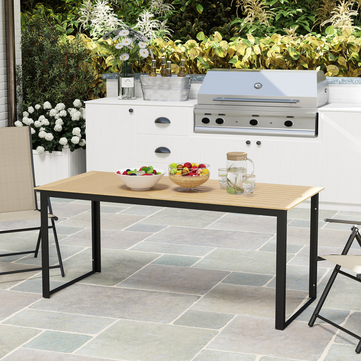 Gartentisch Metall 175x78 cm Wetterfest Balkontisch mit Holzoptik, rutschfest Esstisch Schwarz