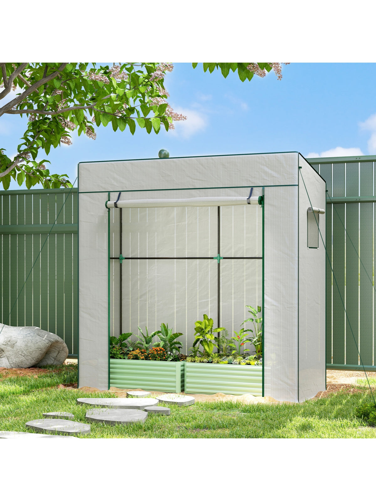 Tomatengewächshaus Rolltor Netzfenster 196 x 77 x 197 cm Weiß