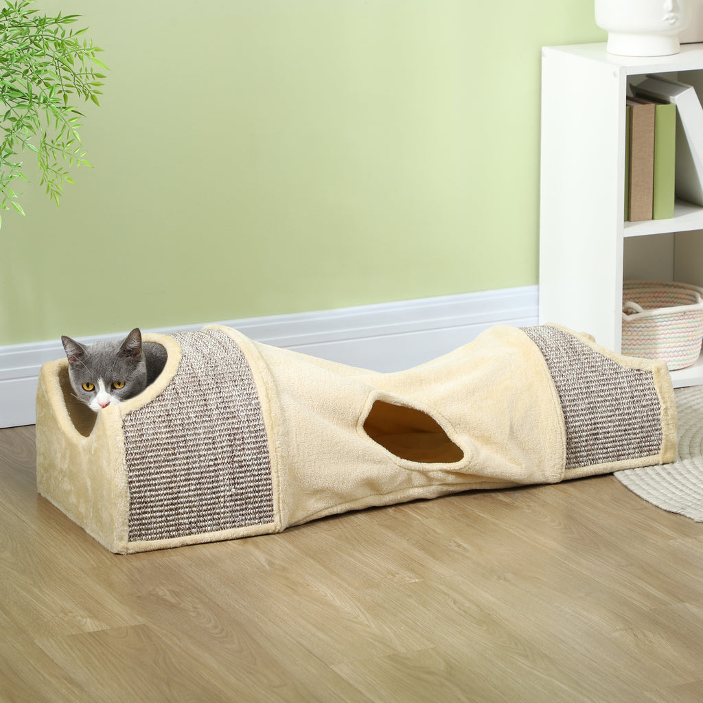 Katzentunnel mit 3 Öffnungen, plüschig, Sisal-Kratzseil, 107x38x29 cm, Beige/Grau