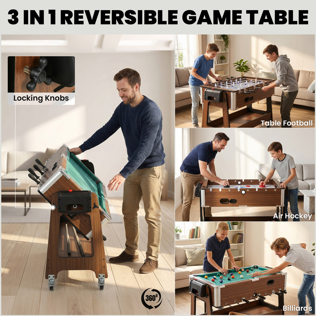 3-in-1 Multi Spieltisch drehbar Multifunktionstisch mit Billardtisch Tischfußball Airhockey Ablagefach