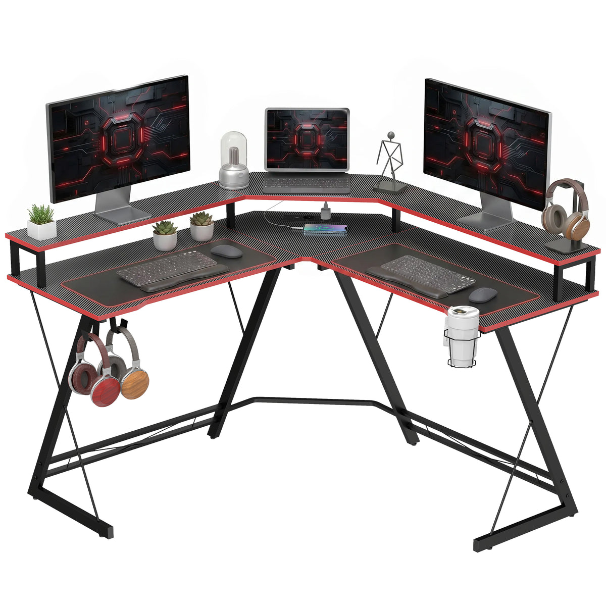 L-förmiger Computertisch mit Steckdosen, 128 cm Eckschreibtisch mit Monitorständer, Kopfhörerhaken & Getränkehalter