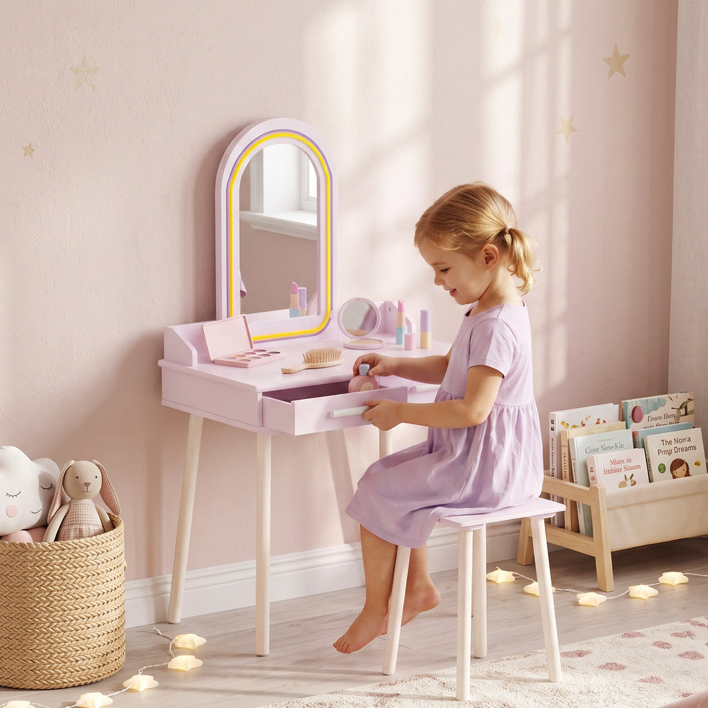Kinder Schminktisch Set 2 in 1 mit LED-Spiegel für Mädchen Rosa