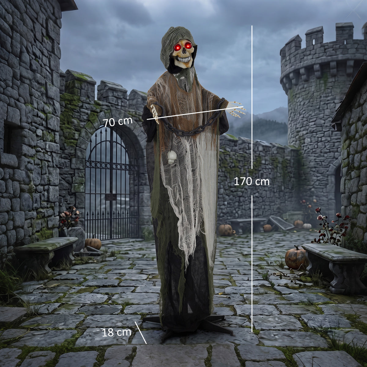 170cm Animated Grim Reaper, Life-Size Halloween Animatronic with Moving Hands/Head, Glowing Eyes, Creepy Sound