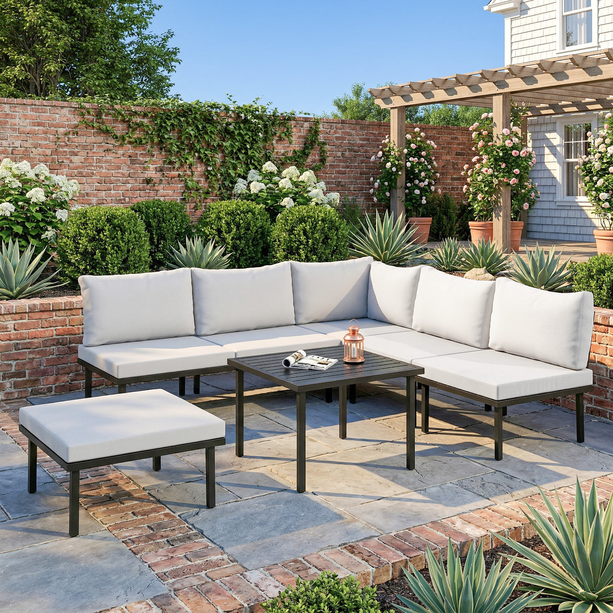 Lounge Gartenmöbel Set 5-6 Personen Gartenlounge Set mit 2 Sitzer Gartensofa 2 Stühle Eckstuhl Lamell-Tisch Fußhocker